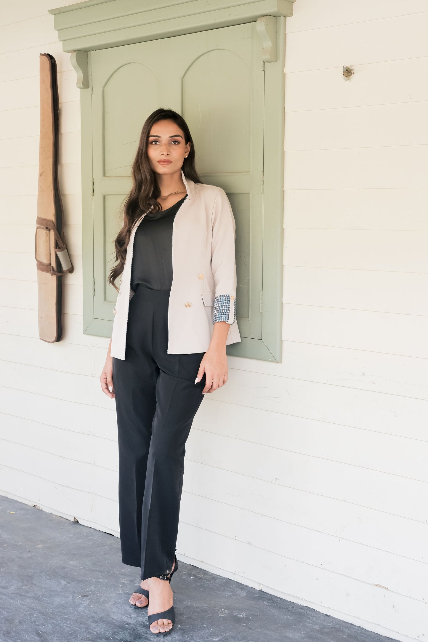 Cream crepe coat with houndstooth detailing and gold buttons EWCT0016-CRMGB