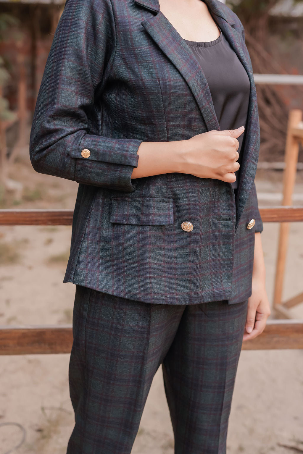 Green & Blue tweed fabric coat with gold buttons detailing & Pants Co ord set EWCO0037-GRNPT