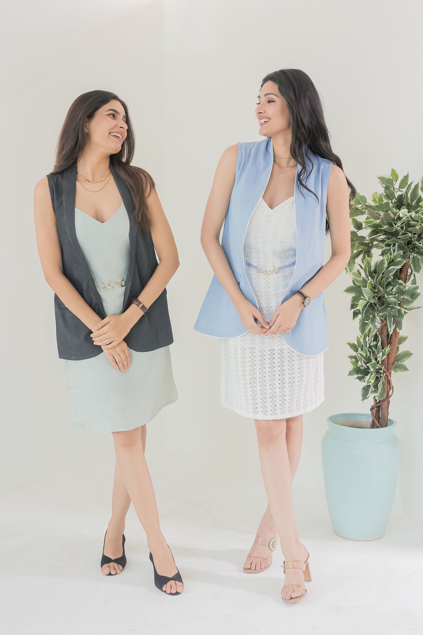 Green linen dress with Dark grey denim jacket-Esseneur