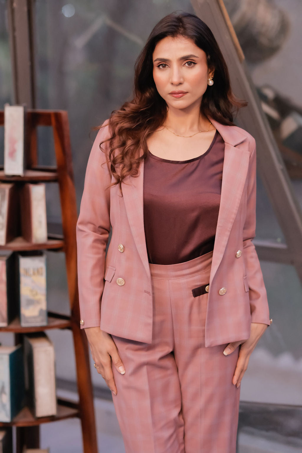 Mauve check coat with gold buttons detailing  WCT0013-MAUGB