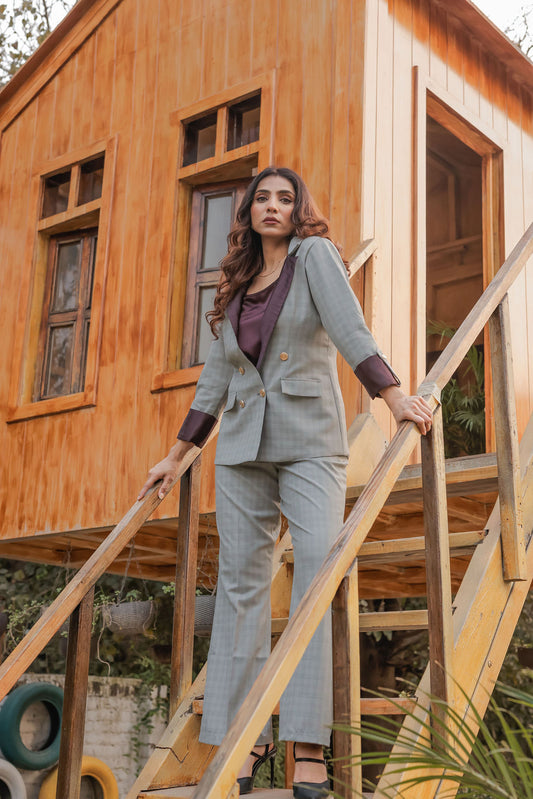Light greenish grey check coat with wine satin detailing and gold buttons & Pants Co ord set EWCO0040-GRNPT
