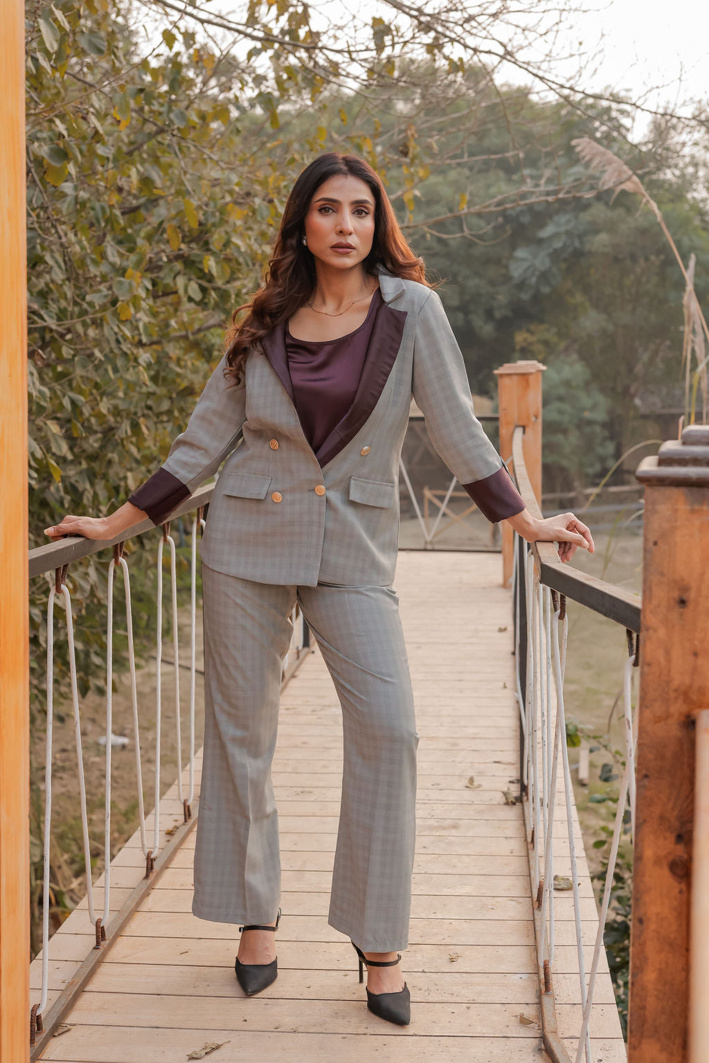 Light greenish grey check coat with wine satin detailing and gold buttons & Pants Co ord set EWCO0040-GRNPT