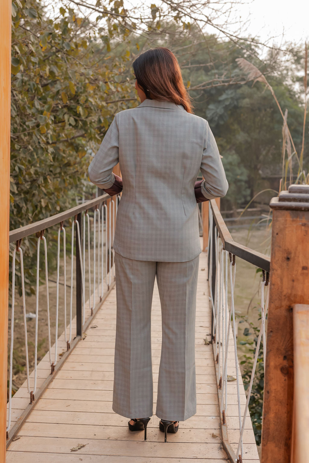 Light green check coat with wine satin detailing and gold buttons EWCT0015-GRNGB