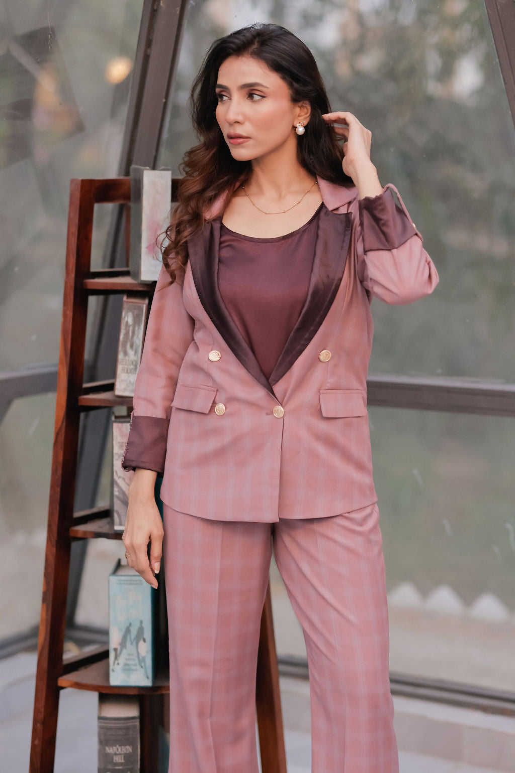Mauve check coat with wine satin detailing with gold buttons EWCT0014-MAUGB