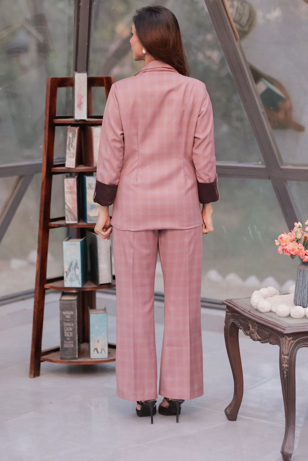 Mauve check coat with wine satin detailing with gold buttons EWCT0014-MAUGB