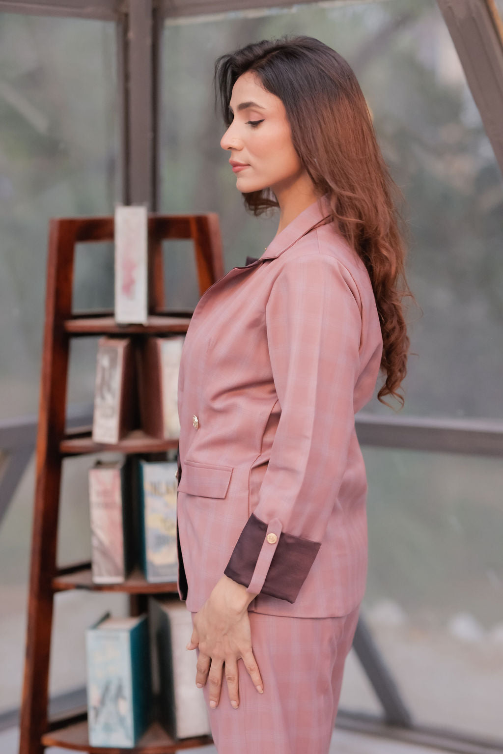 Mauve check coat with wine satin detailing with gold buttons EWCT0014-MAUGB