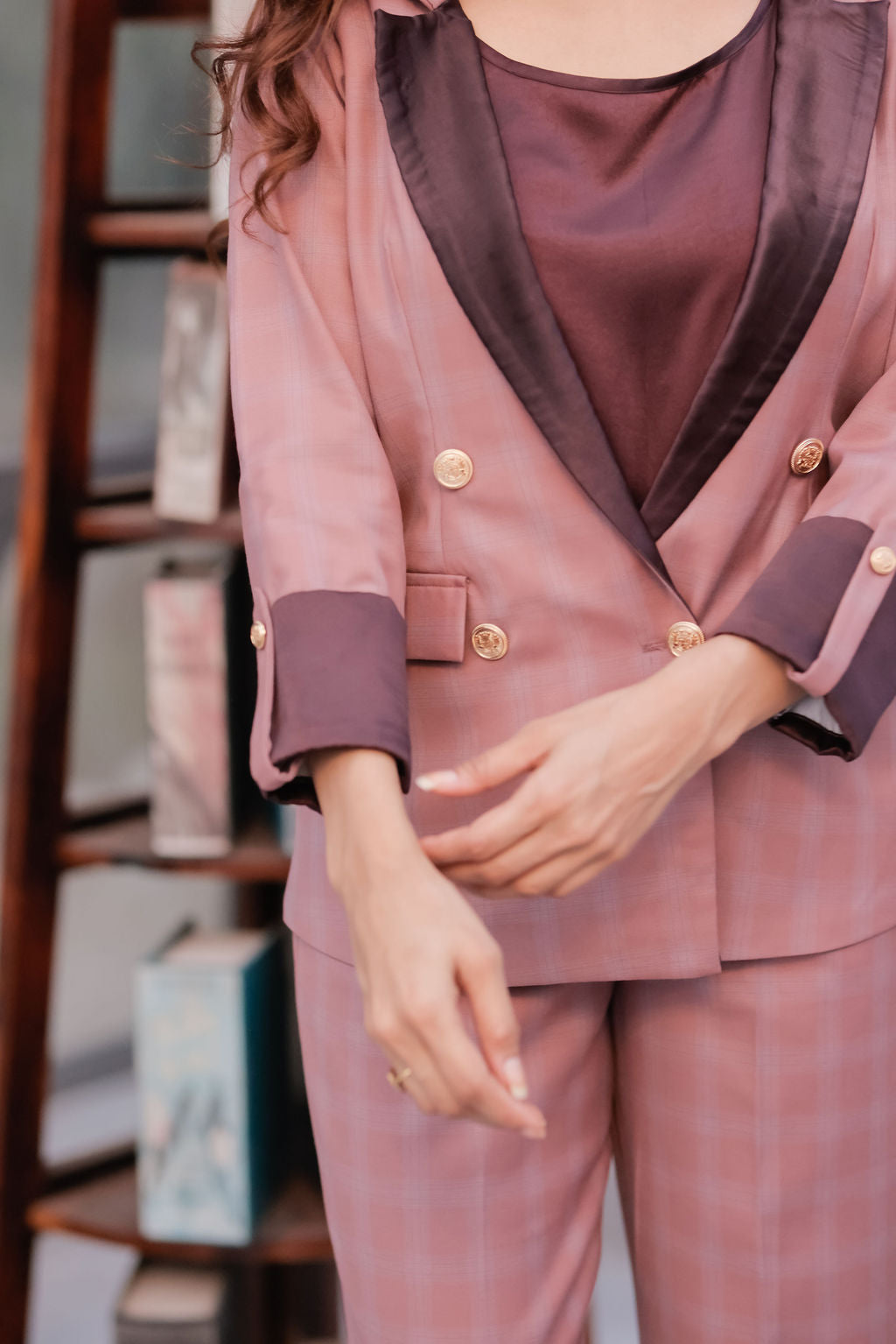 Mauve check coat with wine satin detailing with gold buttons EWCT0014-MAUGB