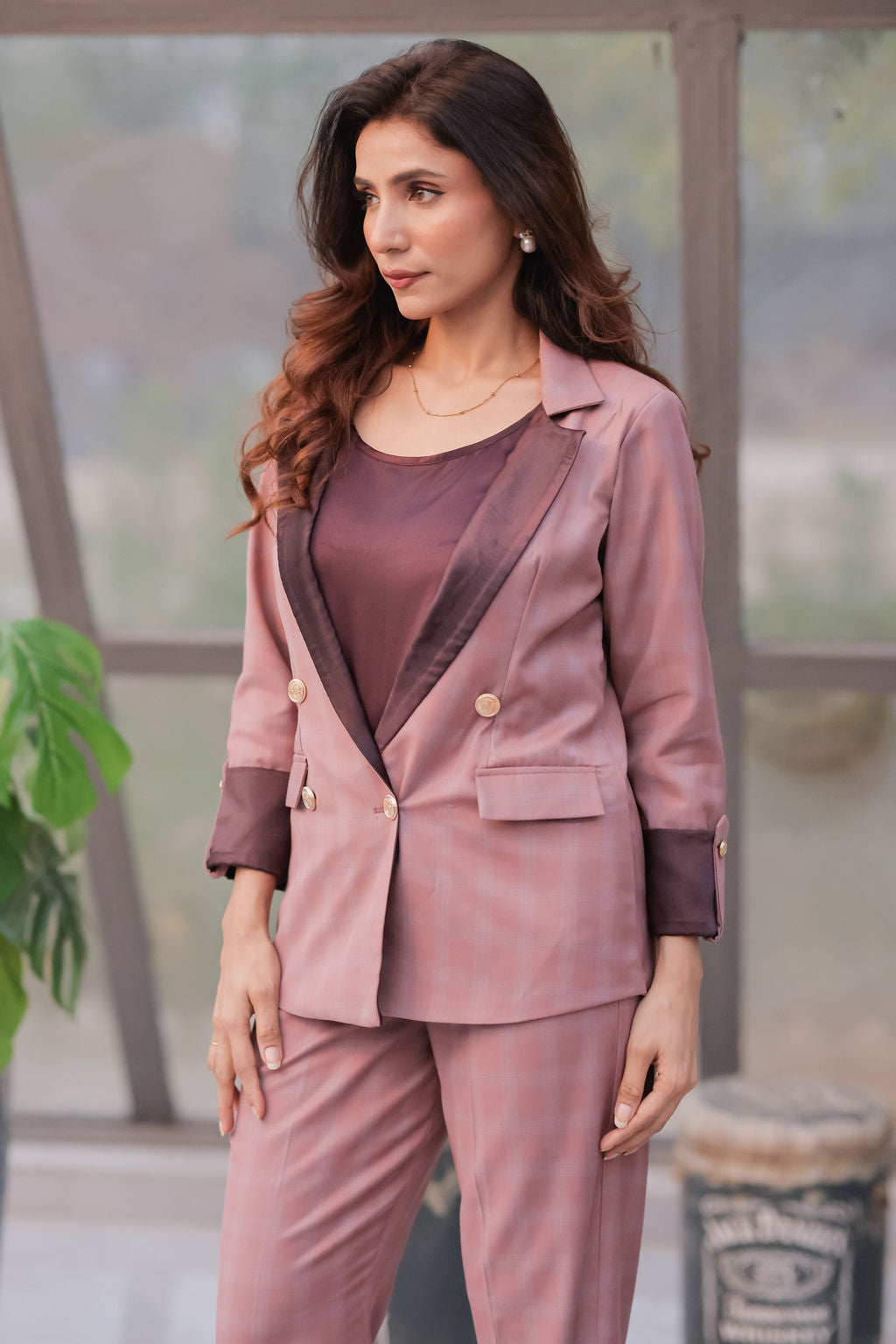 Mauve check formal pants with gold buttons detailing ESWPA0023-MAUGB