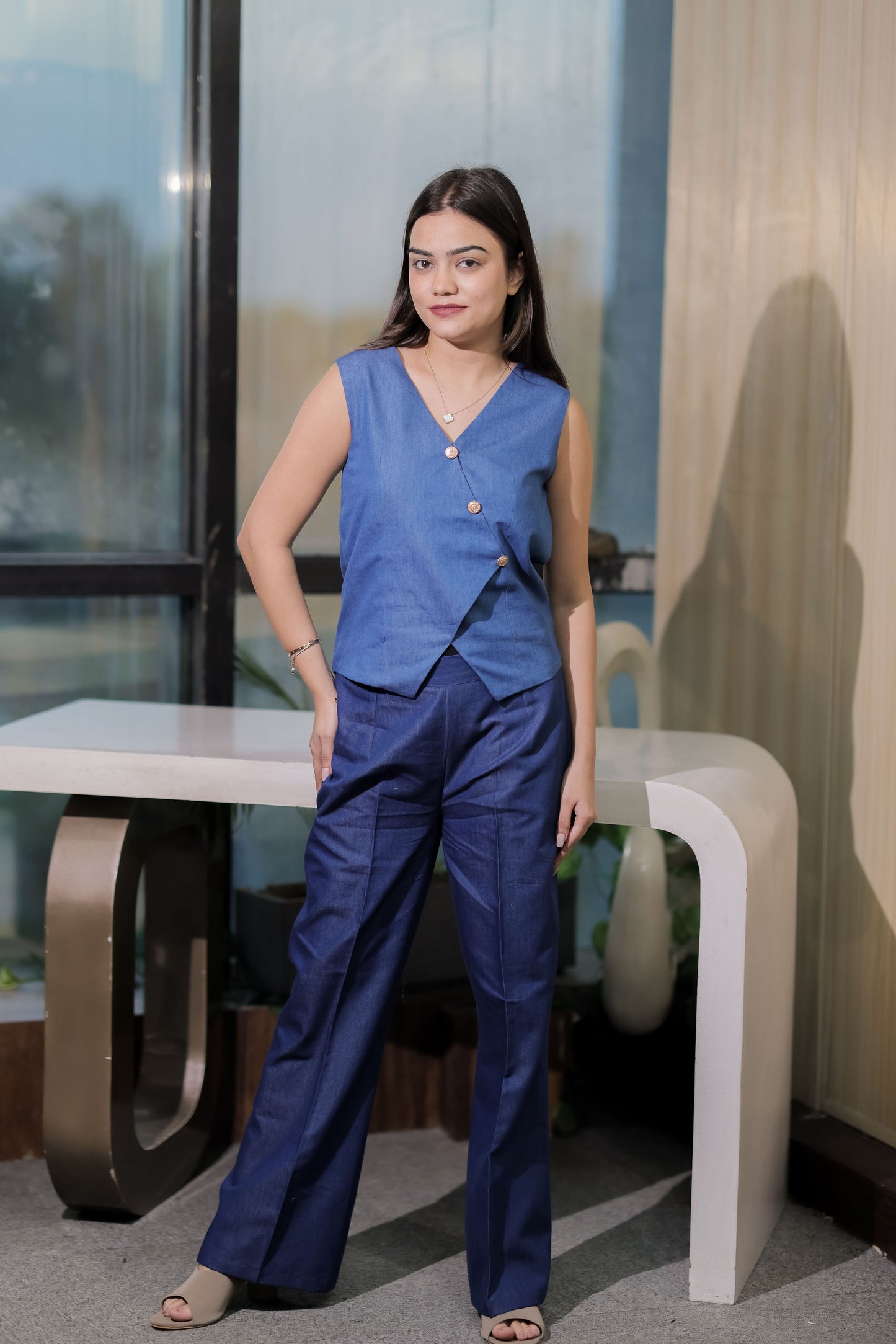 Mid blue denim waiscoat with gold buttons EWTP0076-DNMGB