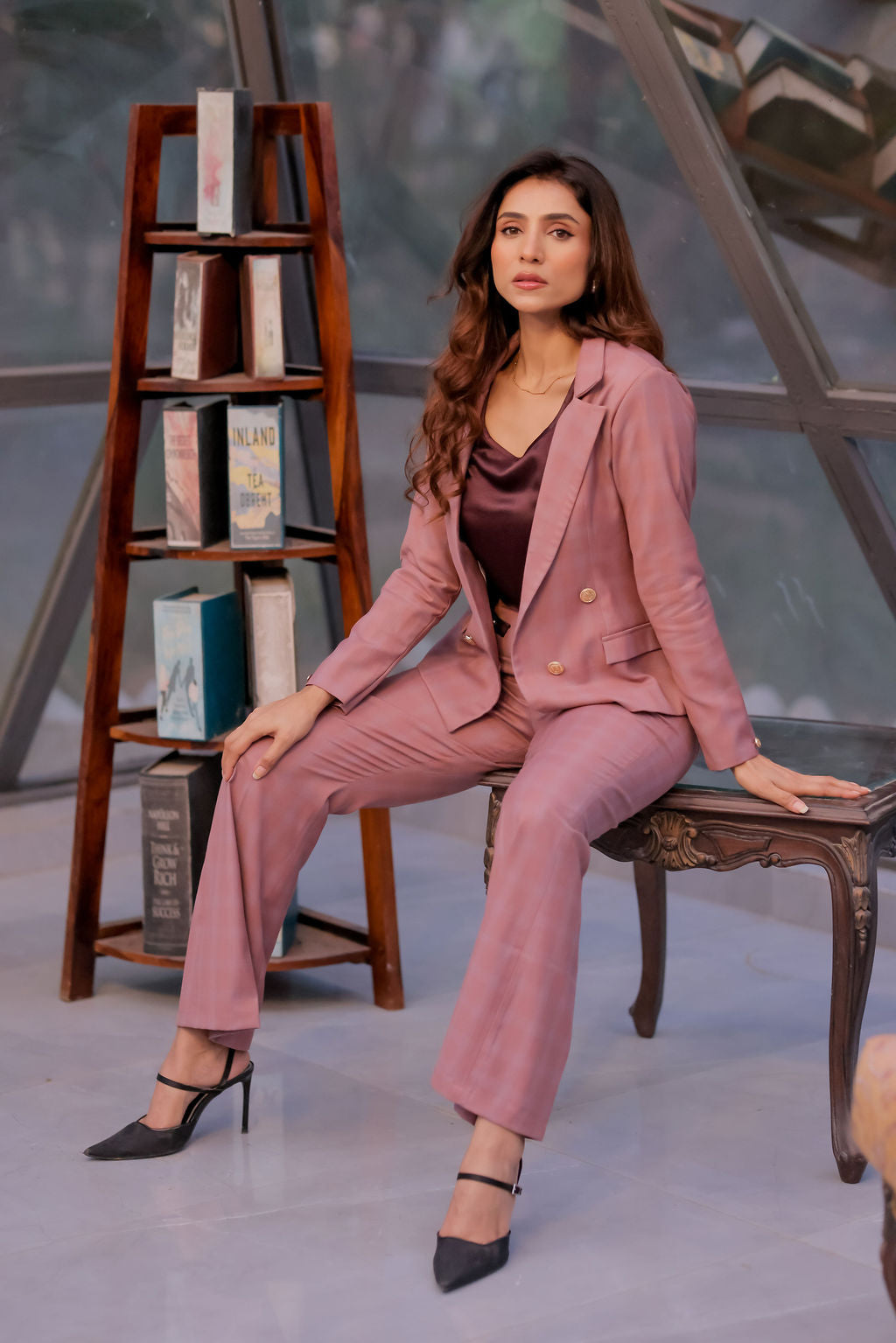 Mauve check coat with gold buttons EWCT0013-MAUGB