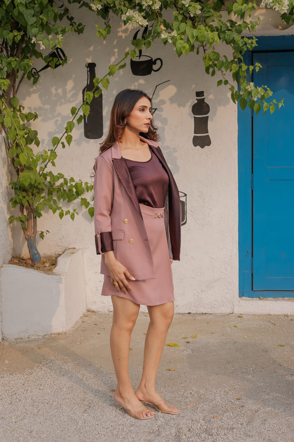 Peach crepe coat with Wine satin detailing and gold buttons EWCT0011-PEAGB