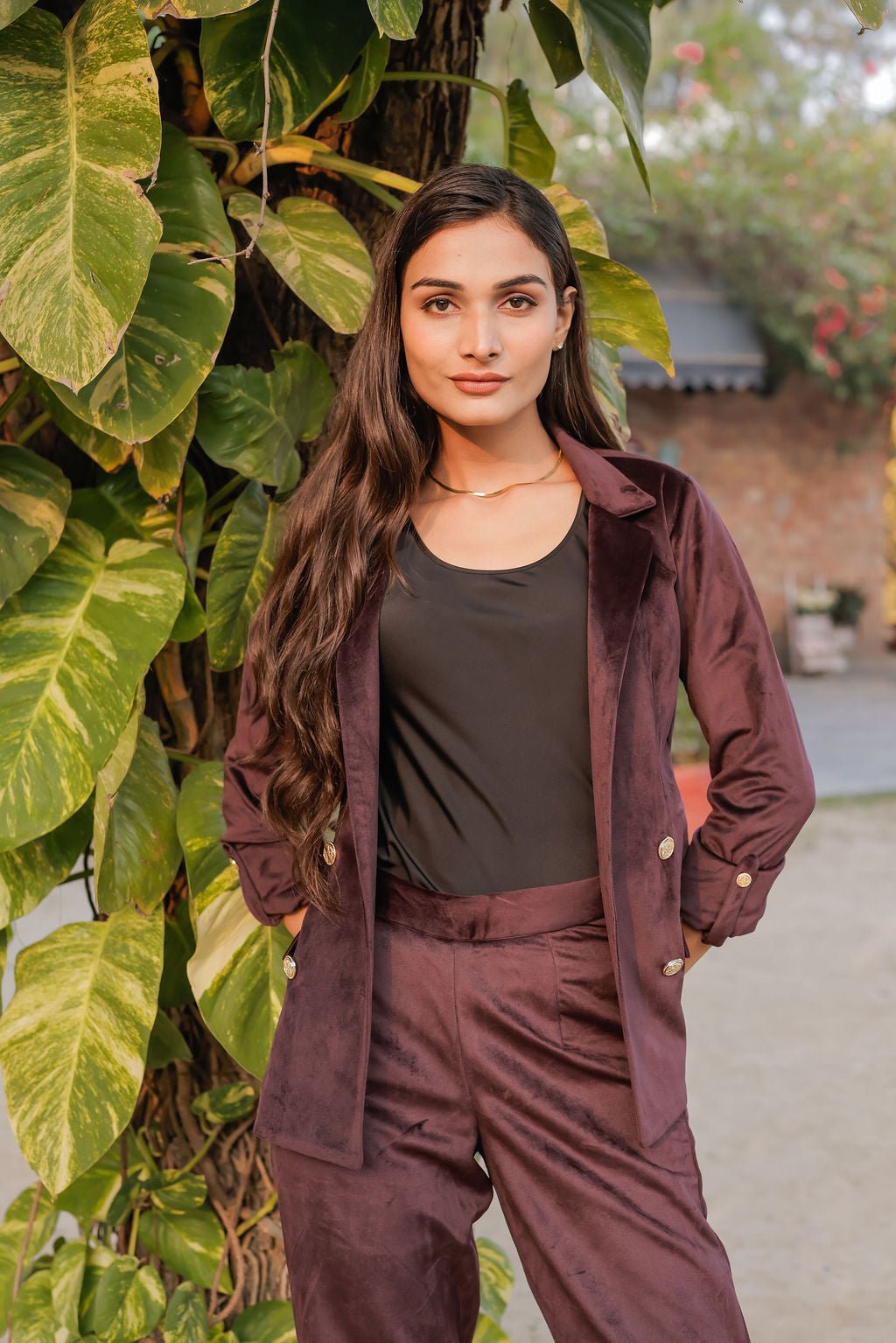 Purple velvet coat with gold detailing buttons EWCT0009-PURGB