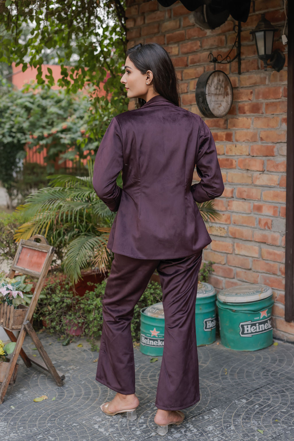 Purple velvet coat with gold detailing buttons & Pants Co ord set EWCO0034-PURPT