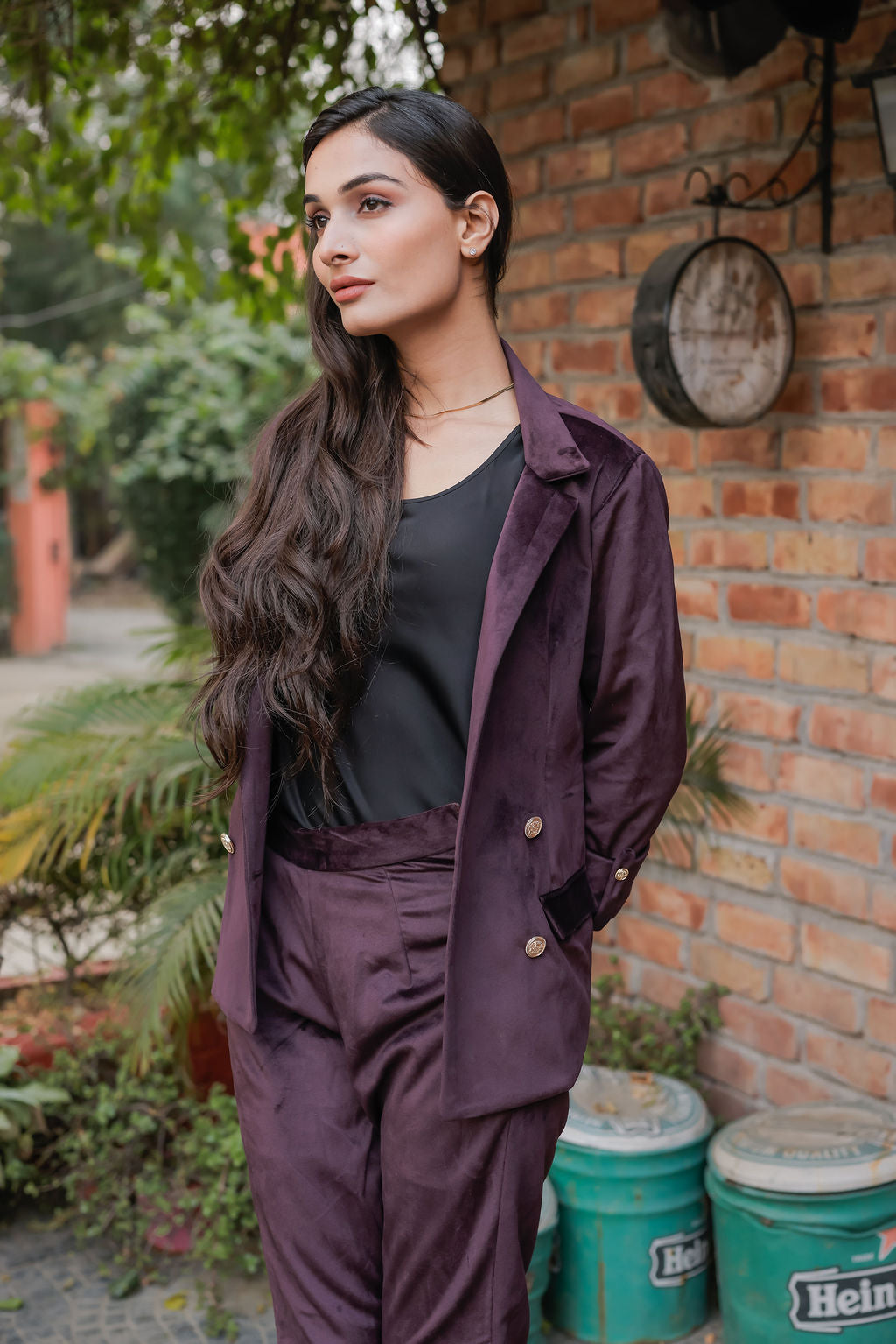 Purple velvet coat with gold detailing buttons & Pants Co ord set EWCO0034-PURPT