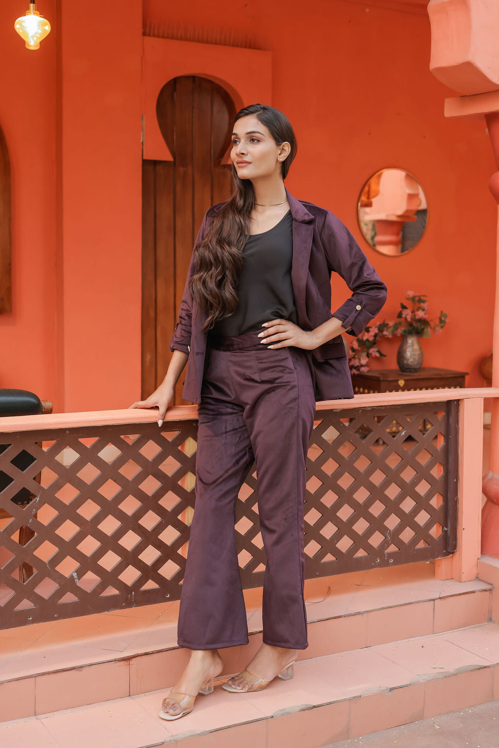 Purple velvet coat with gold detailing buttons EWCT0009-PURGB