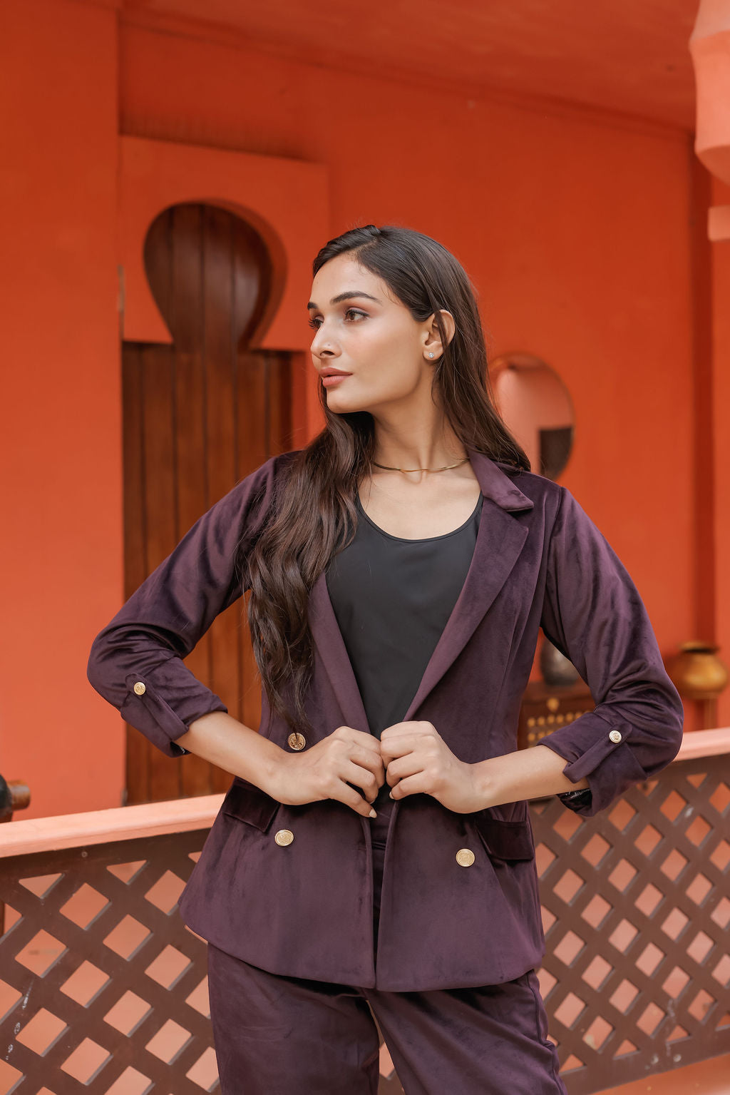 Purple velvet straight pants with gold buttons detailing ESWPA0028-PURGB