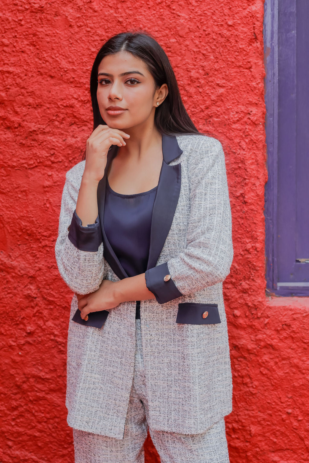 White & Grey Tweed fabric coat & Pants Co ord set  with blue satin detailing and gold buttons EWCO0033-WHTPT