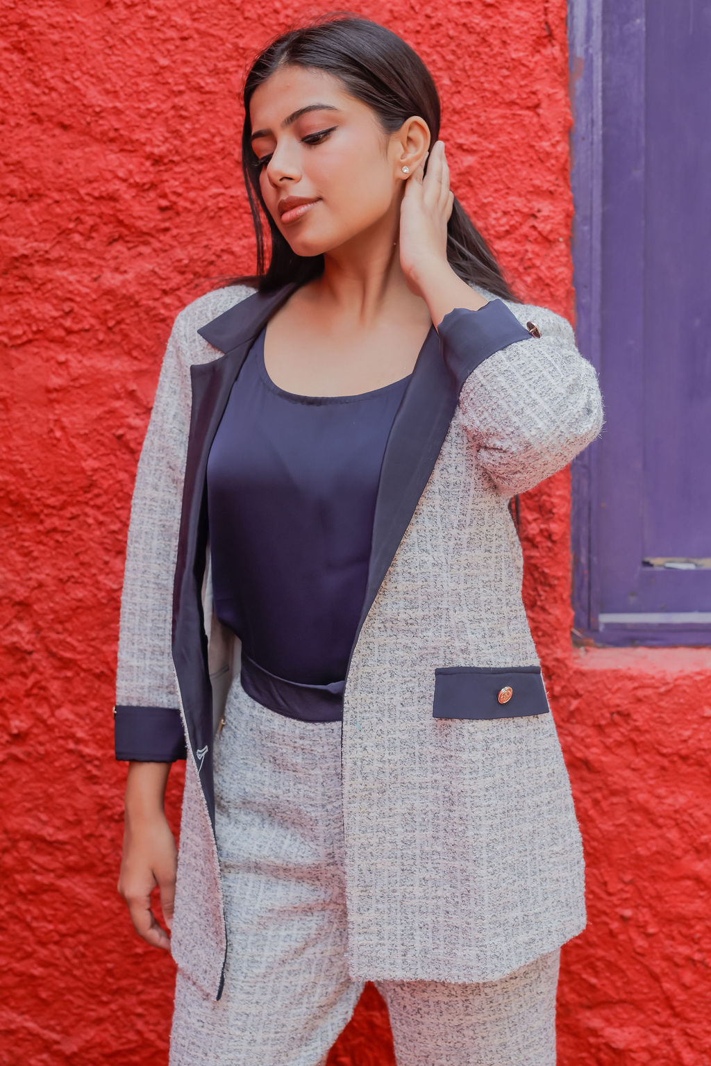 White & Grey Tweed fabric coat with blue satin detailing and gold buttons EWCT0008-WHTGB