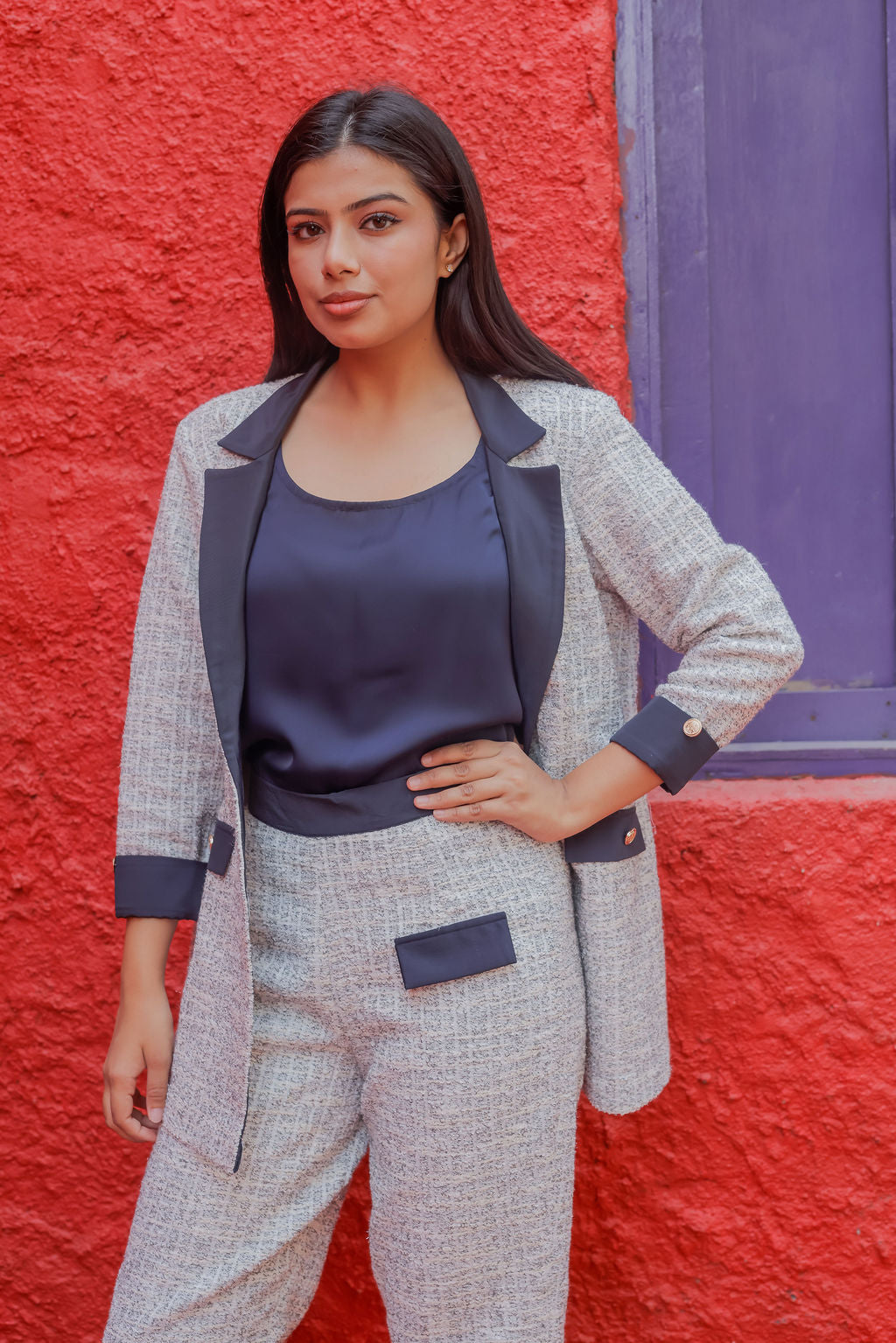 White & Grey Tweed fabric coat with blue satin detailing and gold buttons EWCT0008-WHTGB