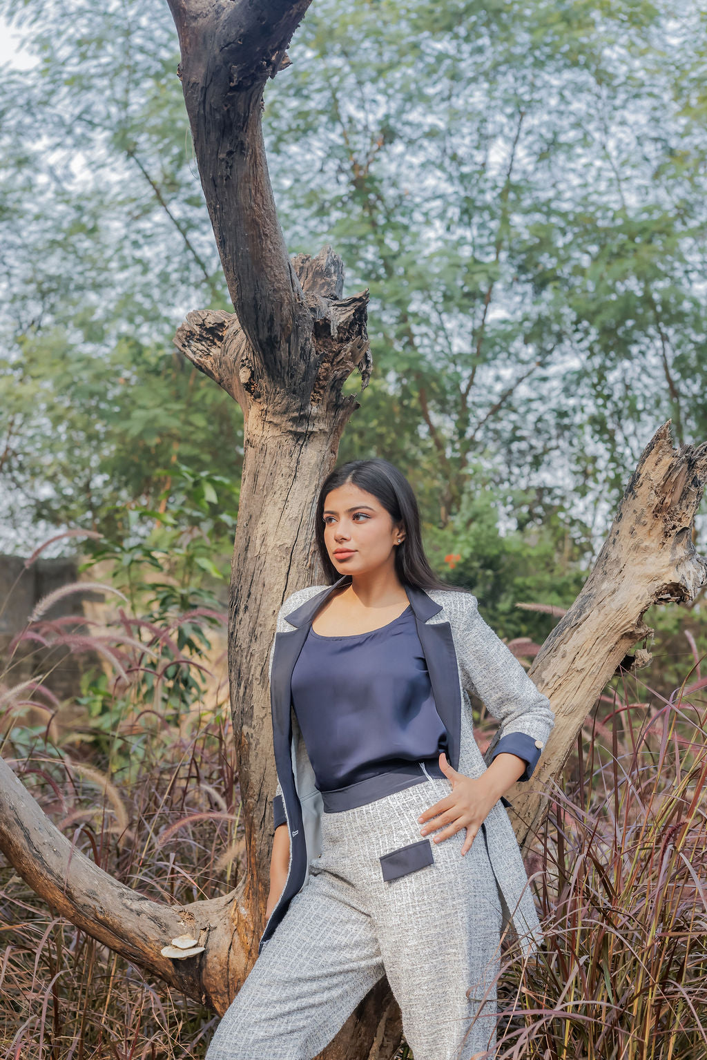 White & Grey Tweed fabric coat & Pants Co ord set  with blue satin detailing and gold buttons EWCO0033-WHTPT