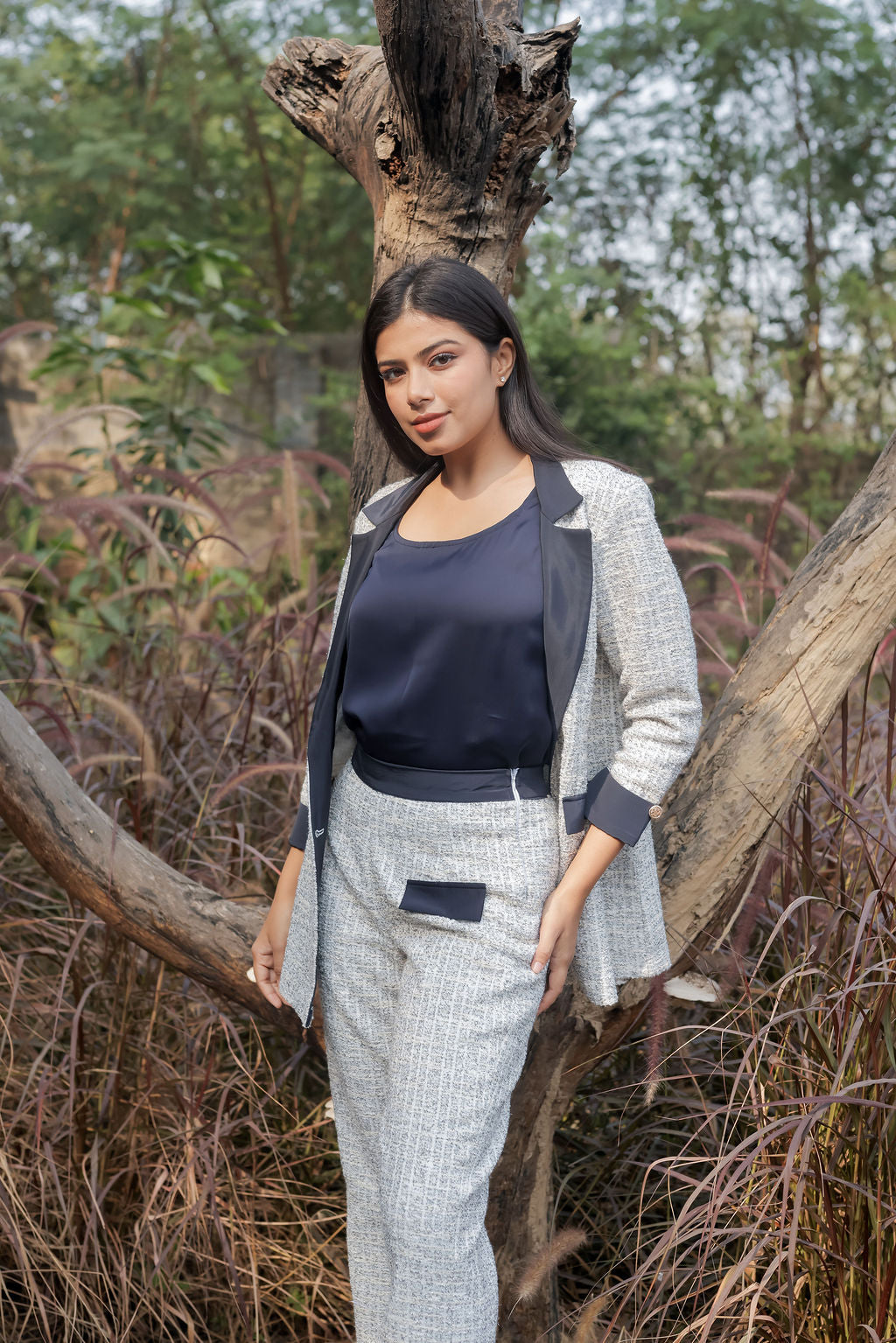 White & Grey Tweed fabric coat with blue satin detailing and gold buttons EWCT0008-WHTGB