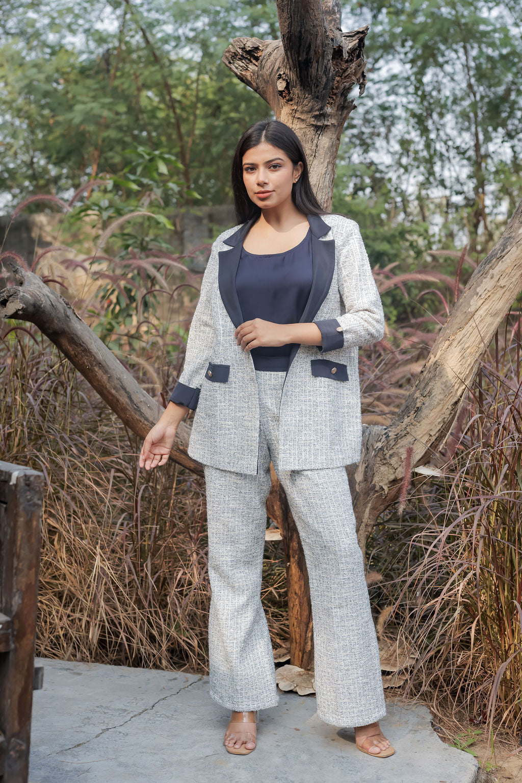 White & Grey Tweed fabric coat with blue satin detailing and gold buttons EWCT0008-WHTGB