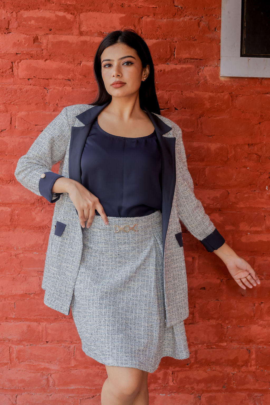 White & Grey Tweed fabric coat with blue satin detailing and gold buttons EWCT0008-WHTGB