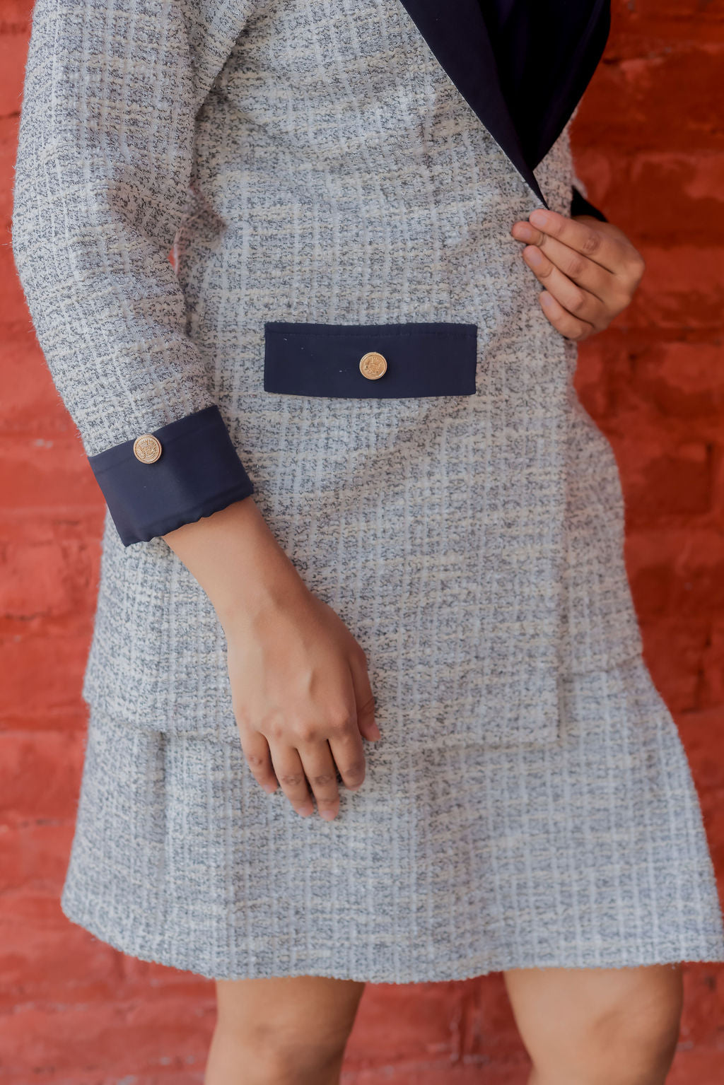 White & Grey Tweed fabric coat with blue satin detailing and gold buttons EWCT0008-WHTGB