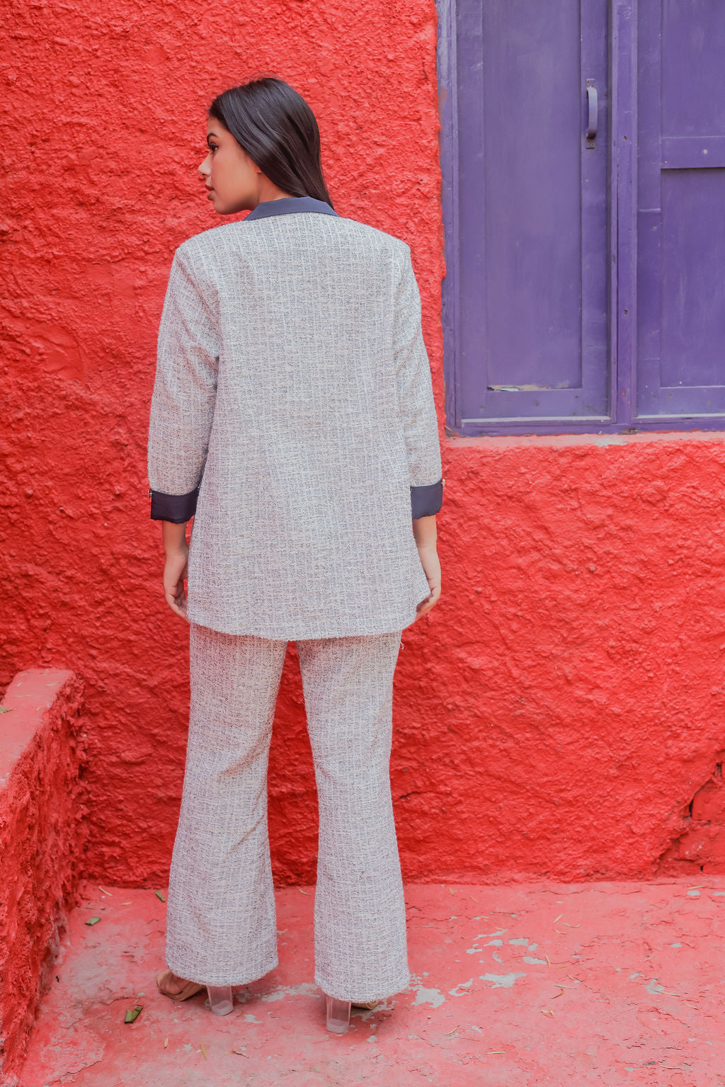 White & Grey Tweed pants with gold buttons detailing ESWPA0025-WHTGB