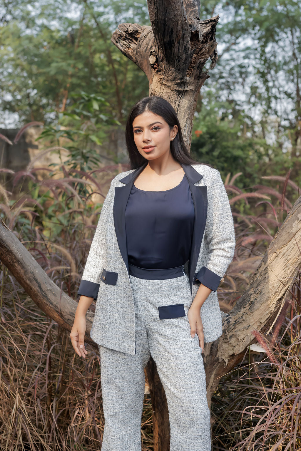 White & Grey Tweed pants with gold buttons detailing ESWPA0025-WHTGB