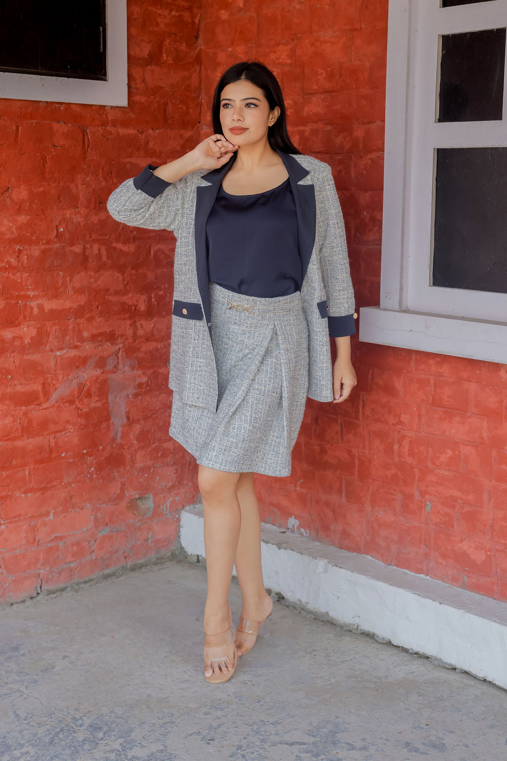 White & Grey Tweed fabric coat & Skirt Co ord set  with blue satin detailing and gold buttons EWCO0033-WHTSK