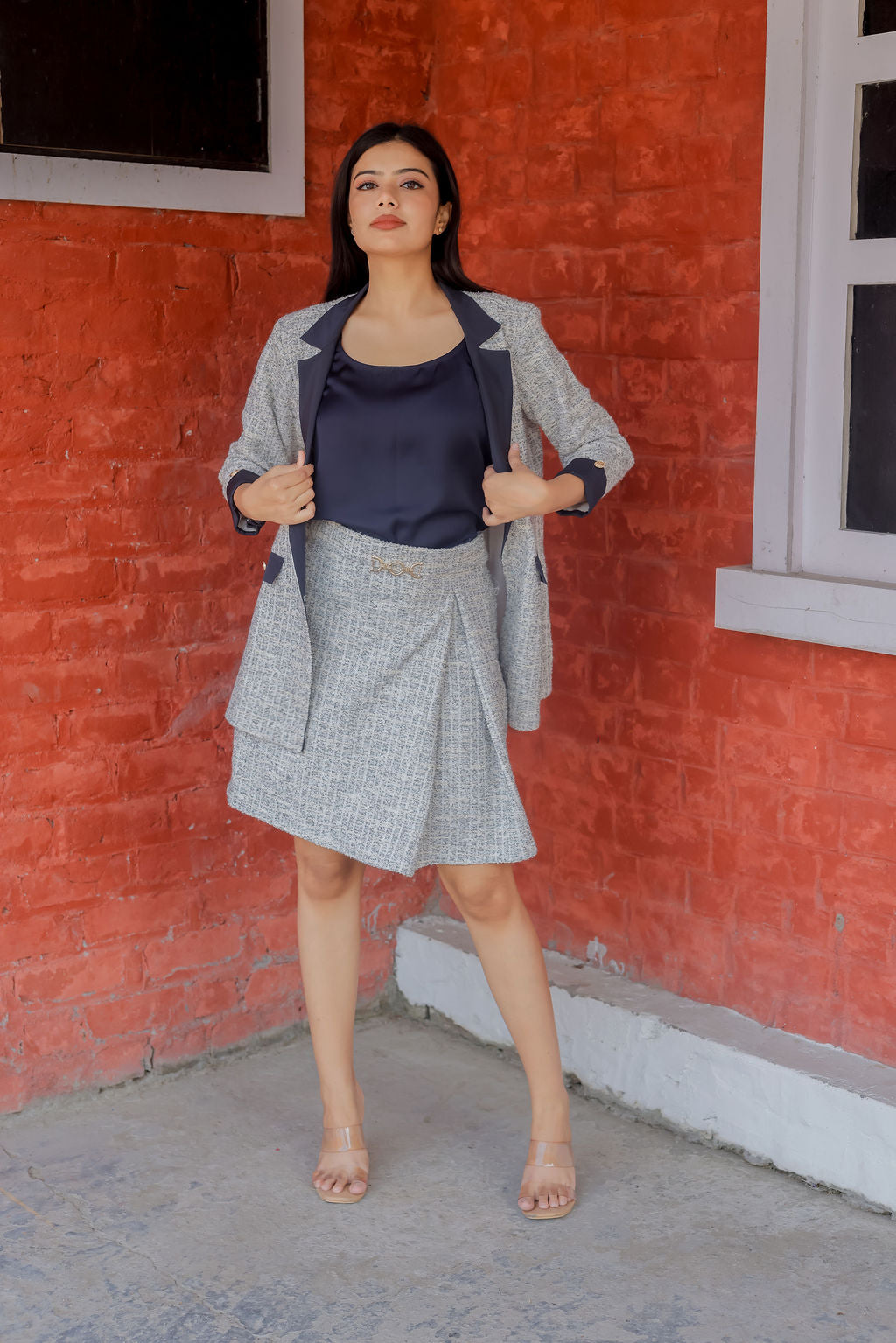 White & Grey tweed short skirt  ESWSK0011-WHTGB