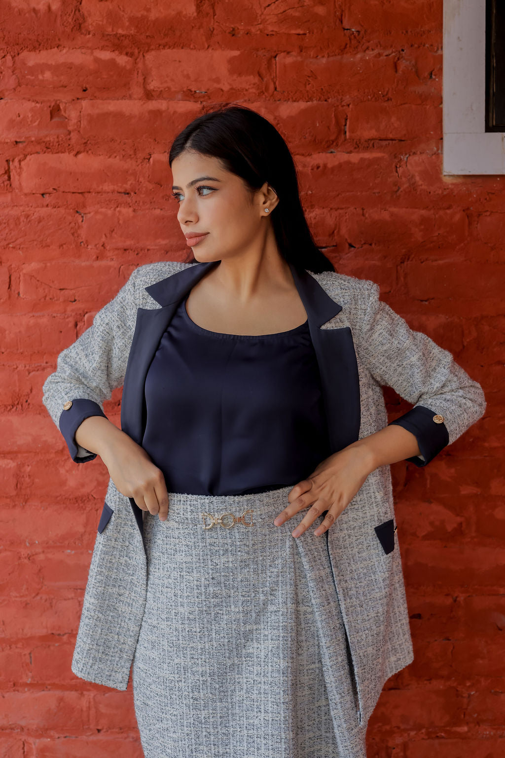 White & Grey Tweed fabric coat & Skirt Co ord set  with blue satin detailing and gold buttons EWCO0033-WHTSK