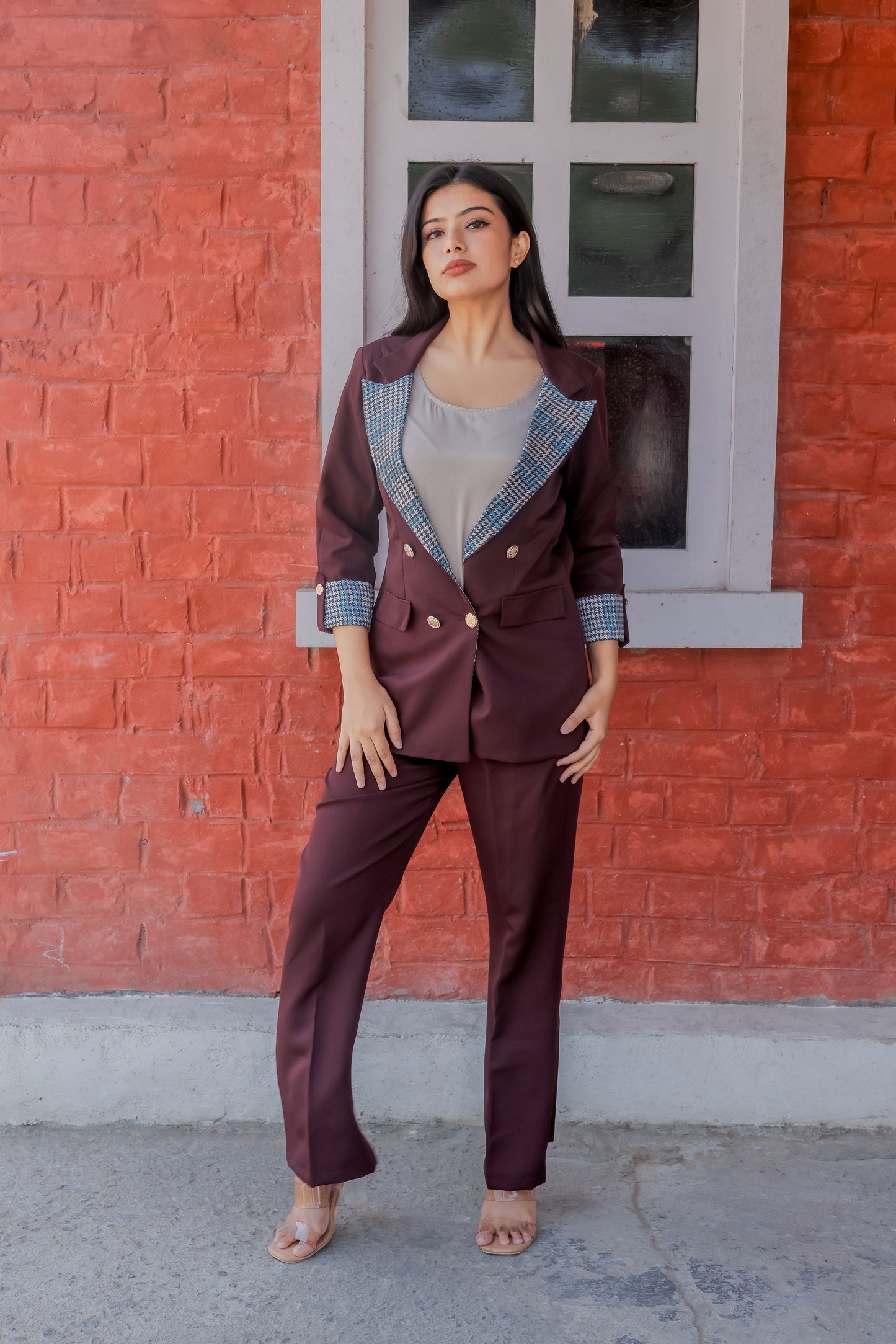Wine crepe coat & Pants Co ord set with houndstooth print detailing and gold buttons EWCO0026-BRNPT