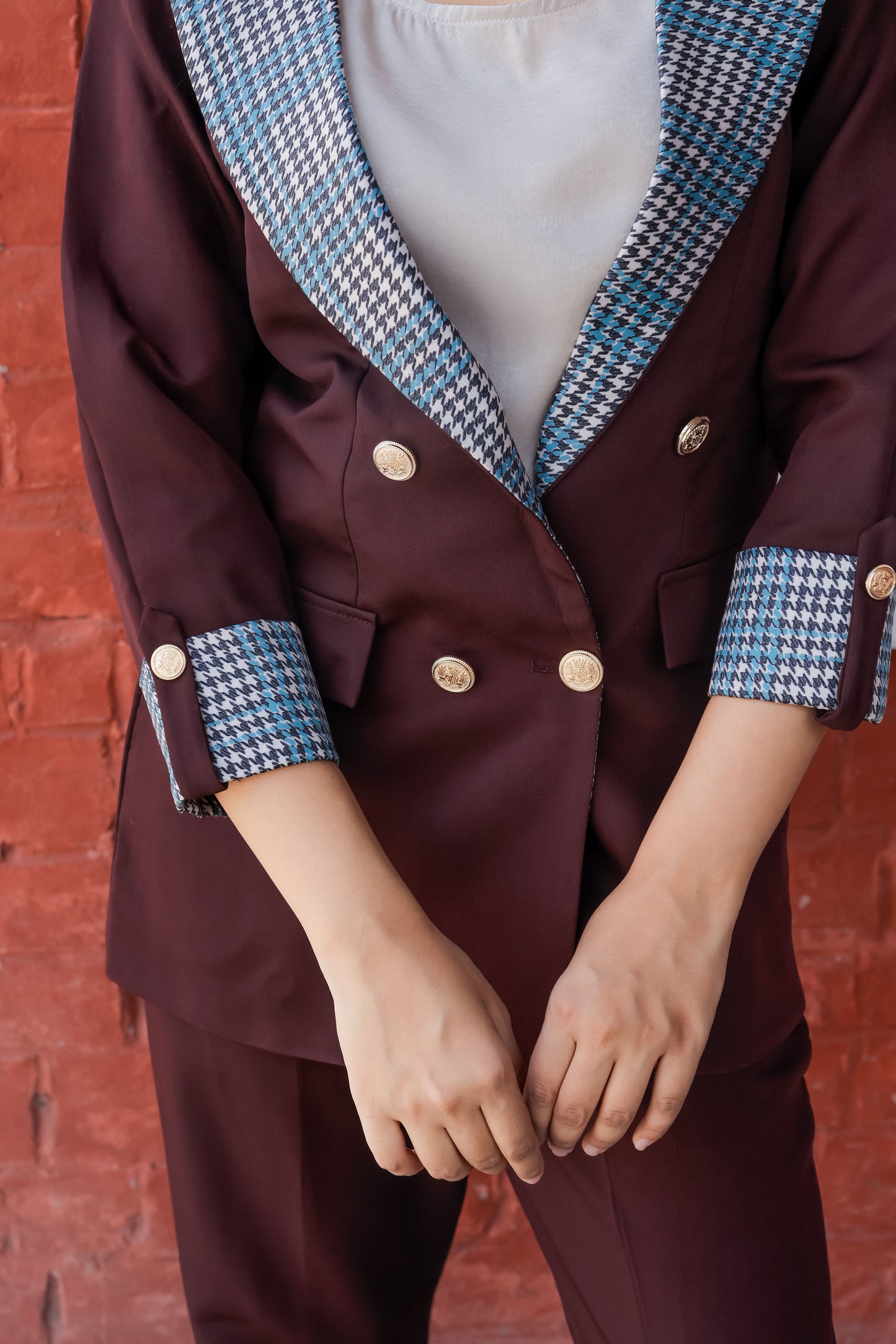 Wine crepe coat & Pants Co ord set with houndstooth print detailing and gold buttons EWCO0026-BRNPT