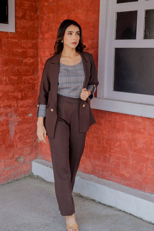 Brown crepe pants with gold buttons detailing ESWPA0018-BRNGB