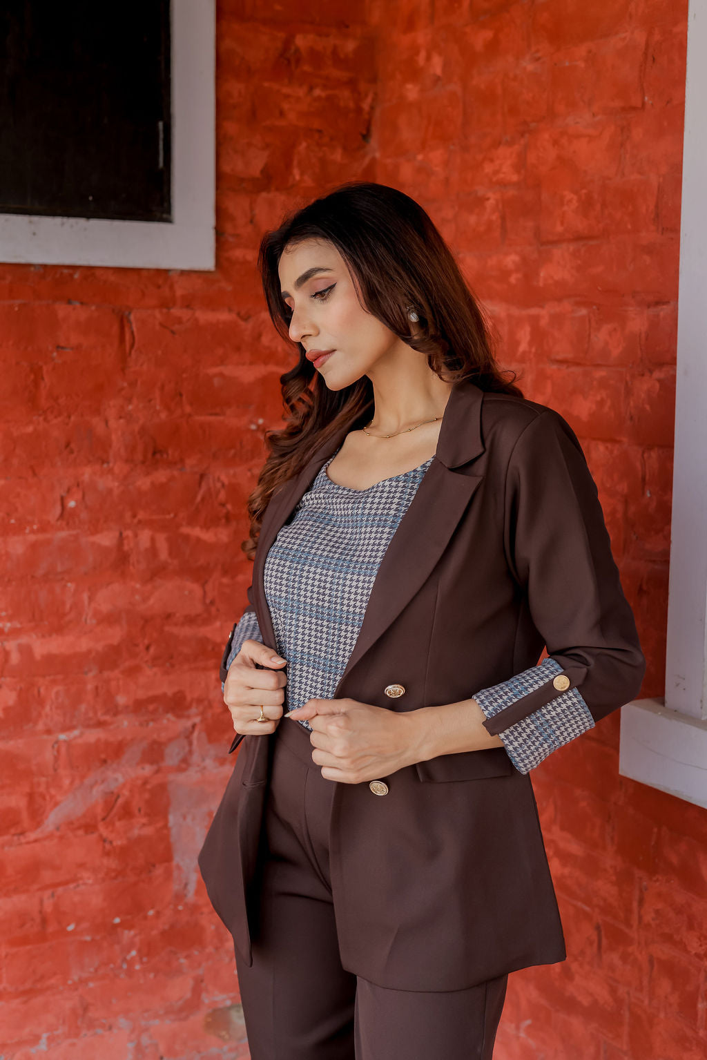 Brown crepe pants with gold buttons detailing ESWPA0018-BRNGB