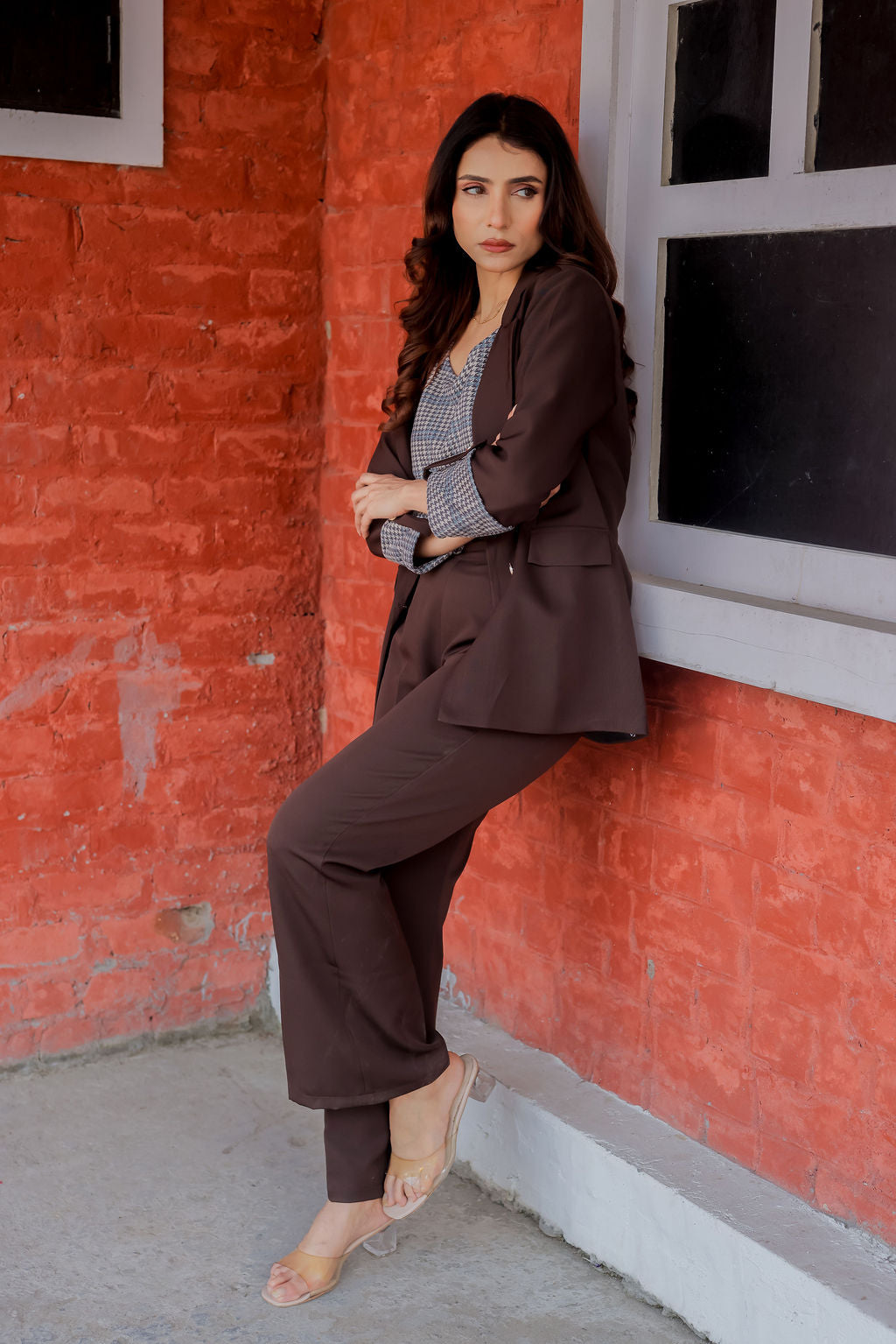 Brown crepe pants with gold buttons detailing ESWPA0018-BRNGB