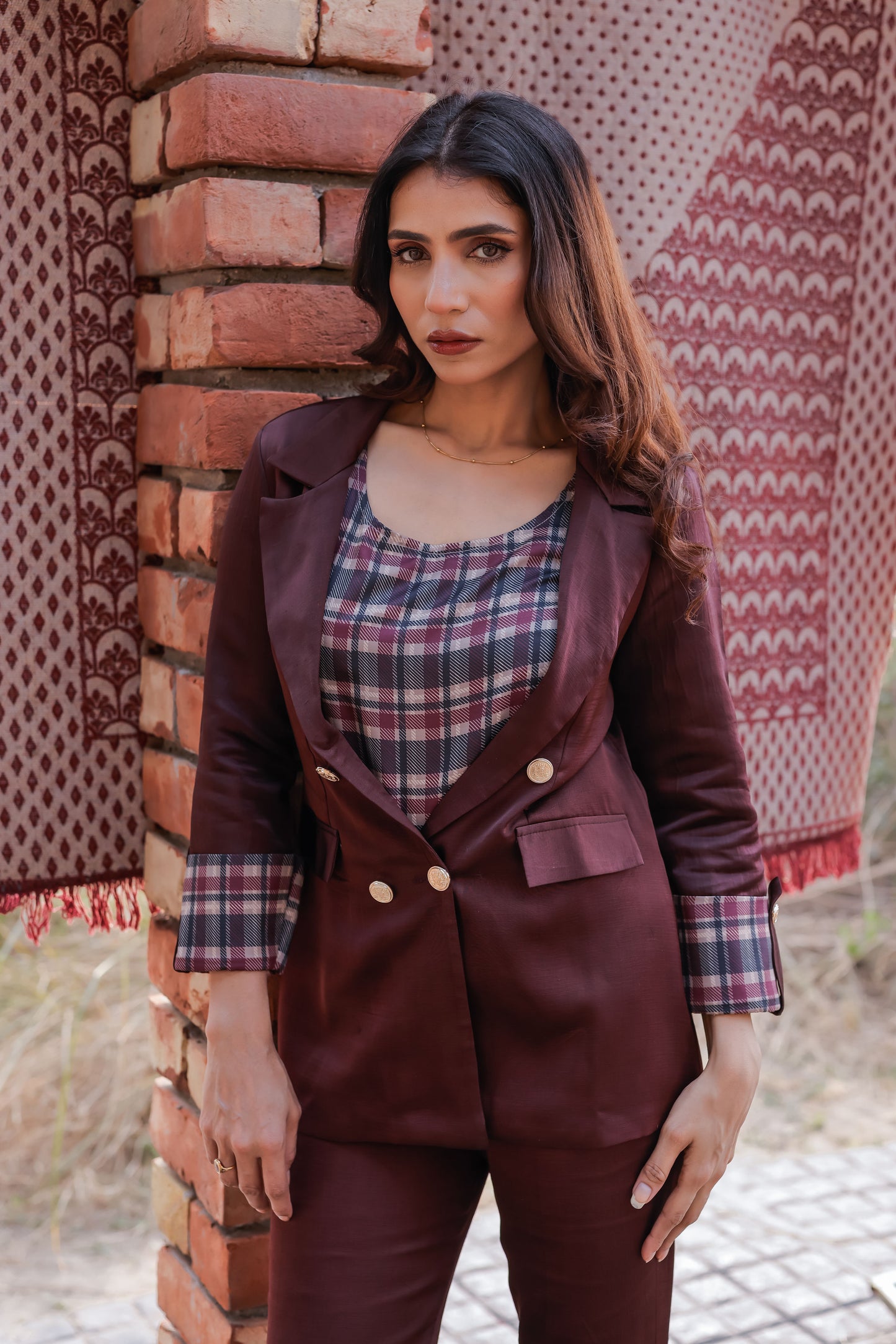 Wine linen satin premium coat & Pants Co ord set  with check detailing cuffs with gold buttons EWCO0032-WINPT