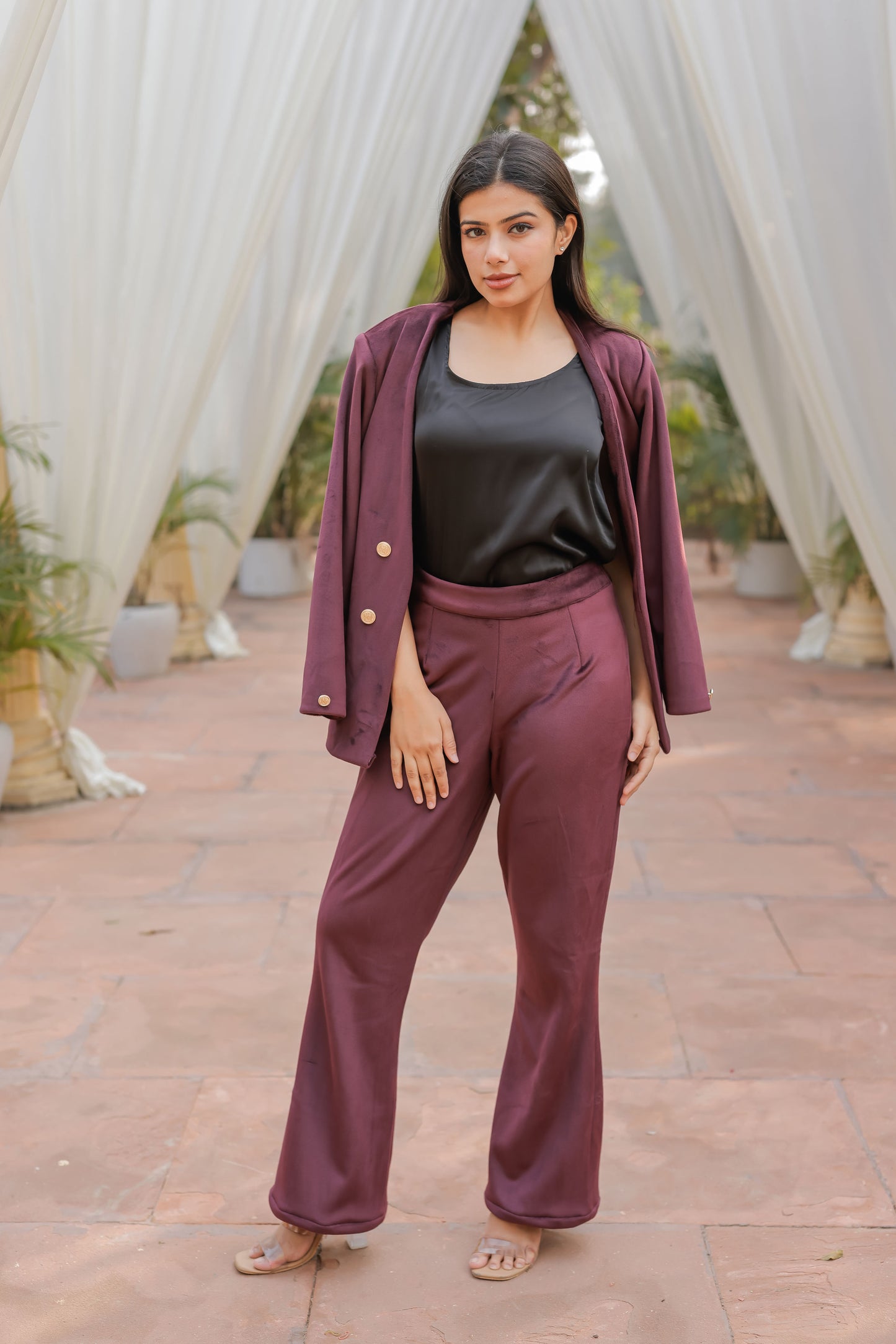 Wine velvet coat with gold detailing buttons EWCT0010-WINGB