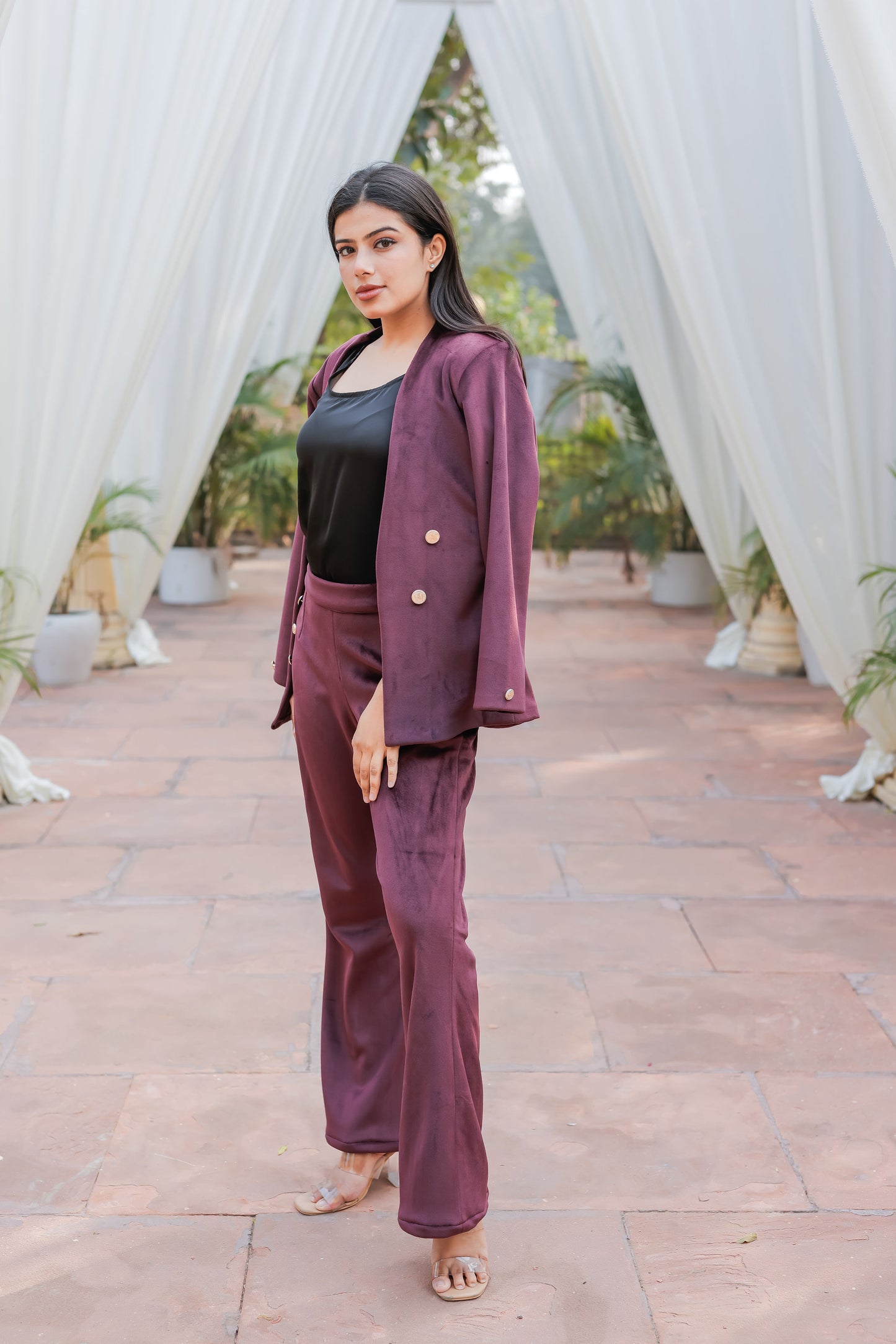 Wine velvet straight pants with gold buttons detailing ESWPA0029-WINGB