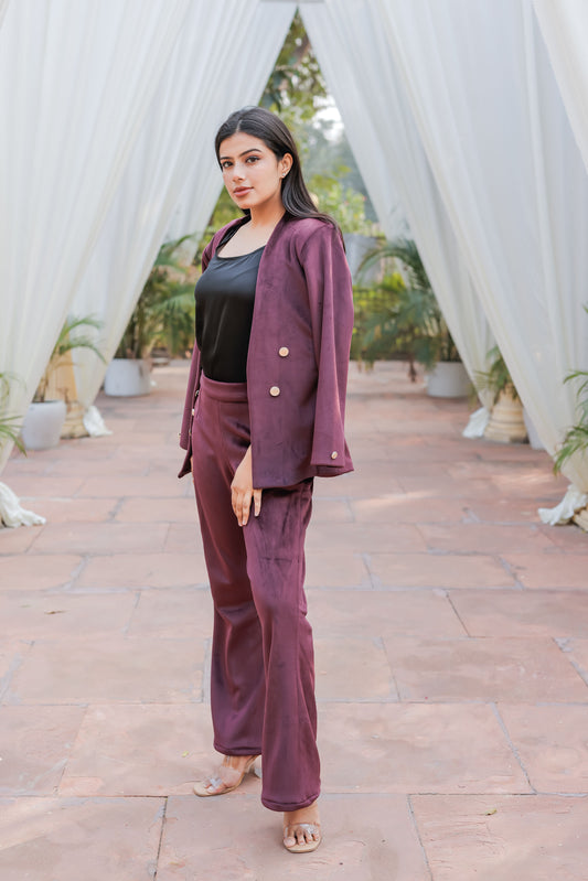 Wine velvet straight pants with gold buttons detailing ESWPA0029-WINGB