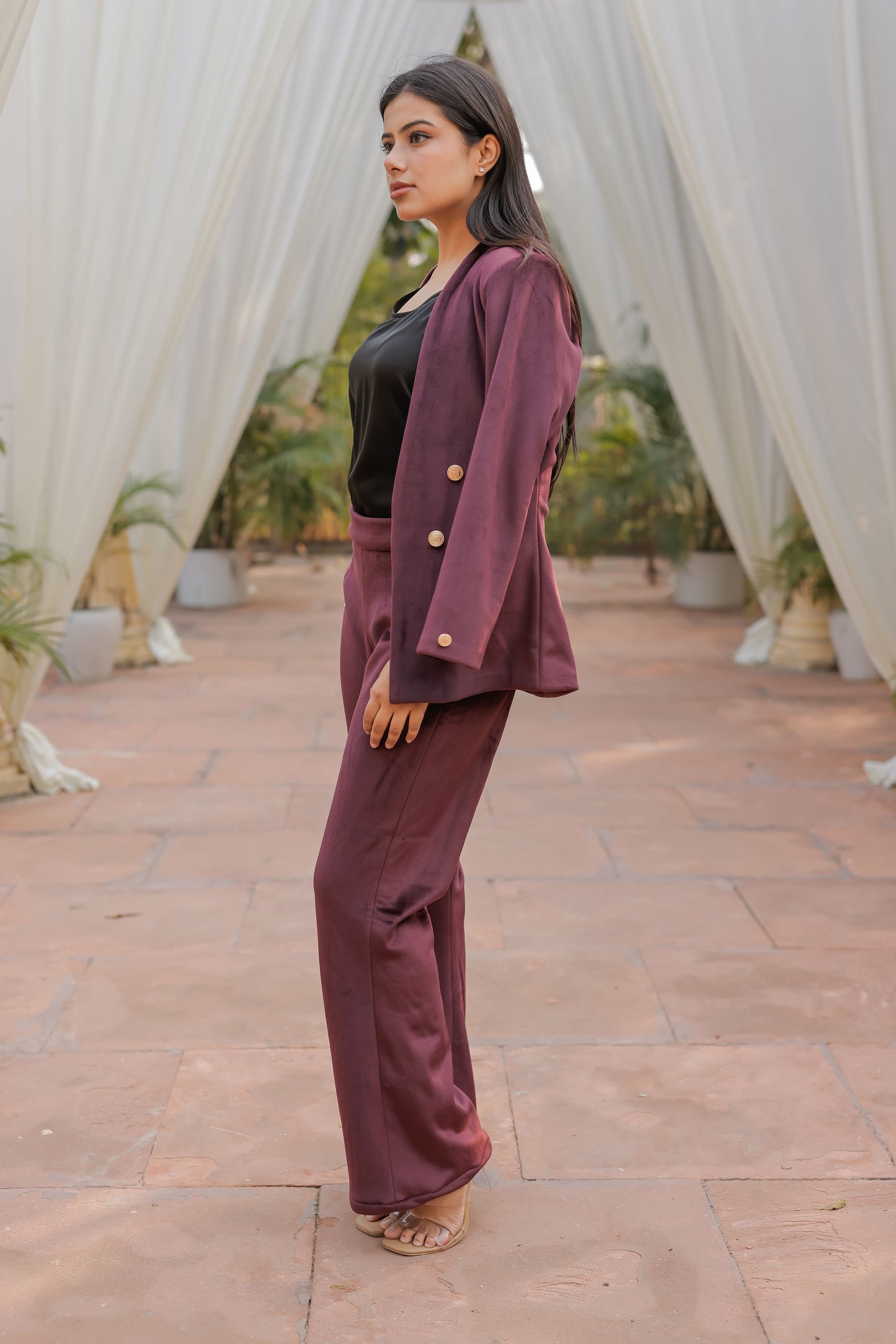 Wine velvet straight pants with gold buttons detailing ESWPA0029-WINGB
